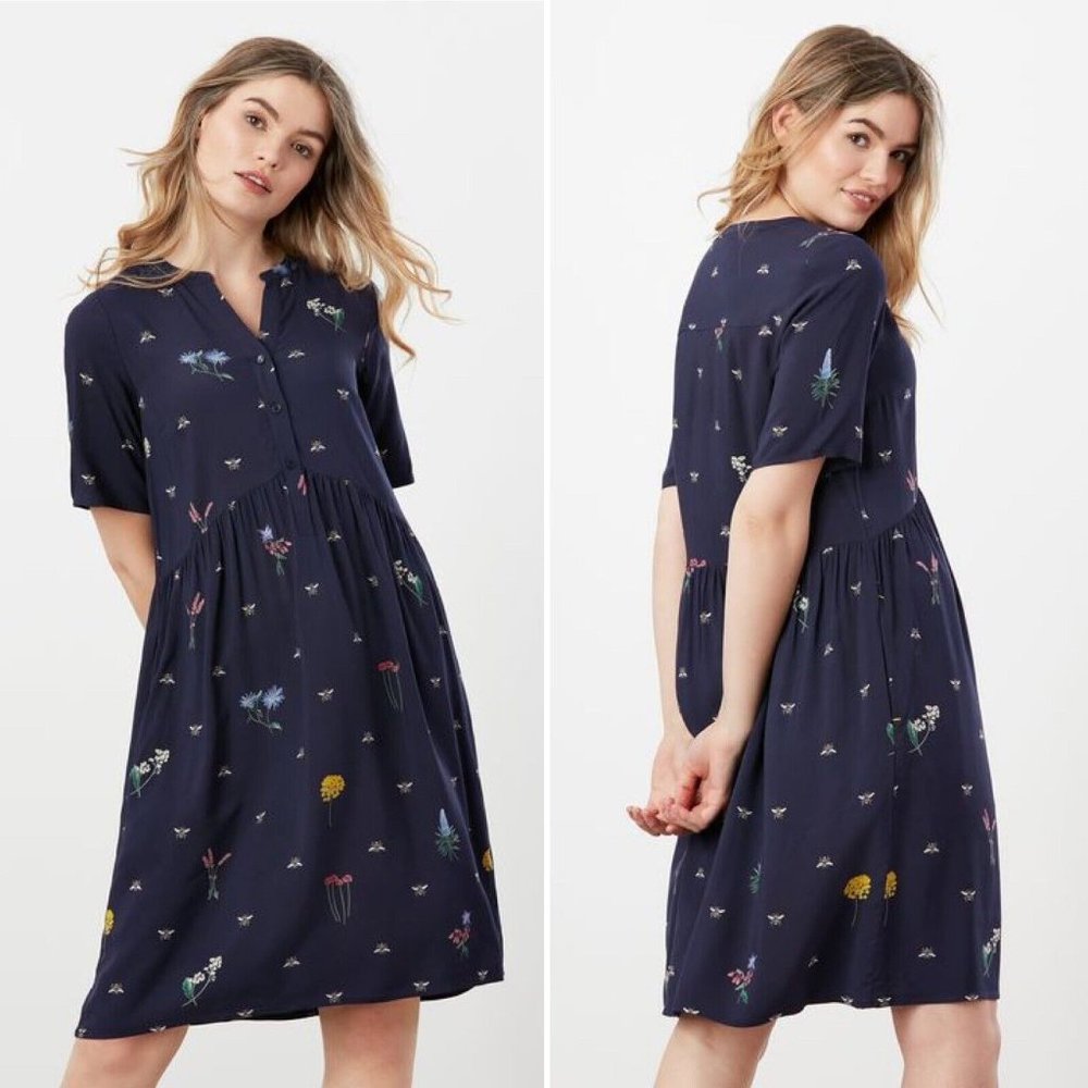 Joules Ella Angled Seam Dress US 12 Navy Blue Bees Floral Print 214276